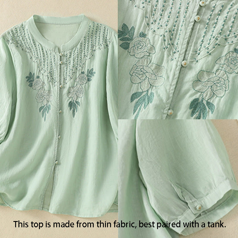 Buddha Stones Rose Floral Embroidery Button Half Sleeve Women's Cotton Shirt - image 4