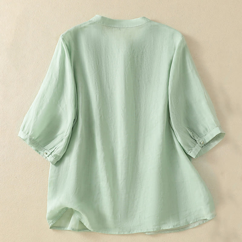 Buddha Stones Rose Floral Embroidery Button Half Sleeve Women's Cotton Shirt - image 3