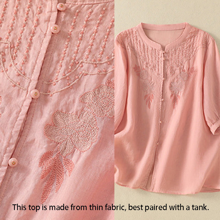 Buddha Stones Rose Floral Embroidery Button Half Sleeve Women's Cotton Shirt - image 14