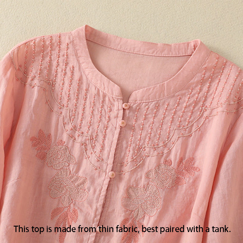 Buddha Stones Rose Floral Embroidery Button Half Sleeve Women's Cotton Shirt - image 14