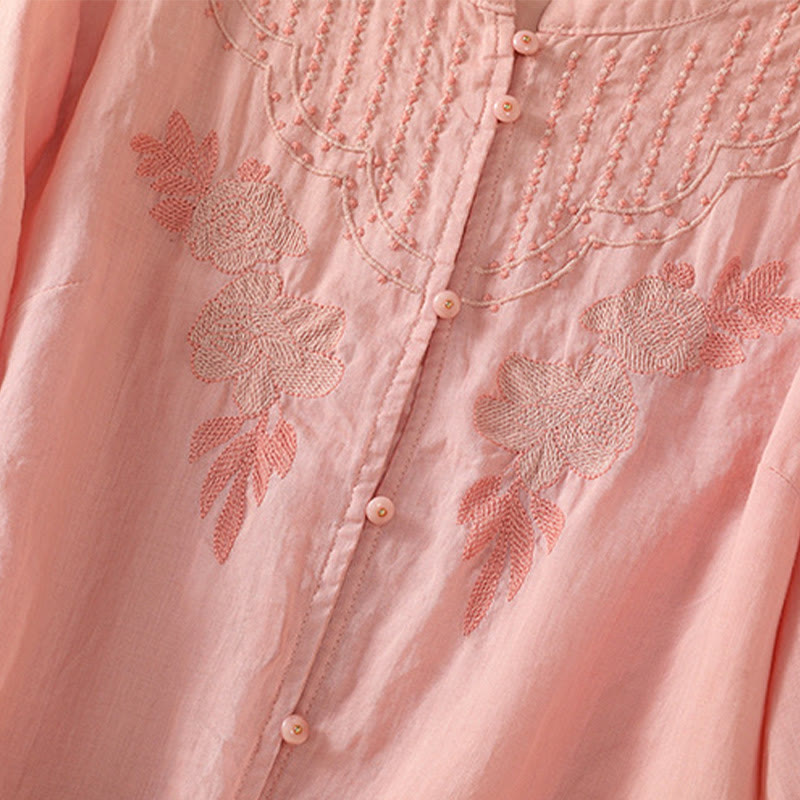 Buddha Stones Rose Floral Embroidery Button Half Sleeve Women's Cotton Shirt - image 18