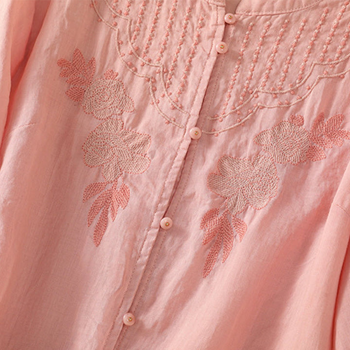 Buddha Stones Rose Floral Embroidery Button Half Sleeve Women's Cotton Shirt - image 18