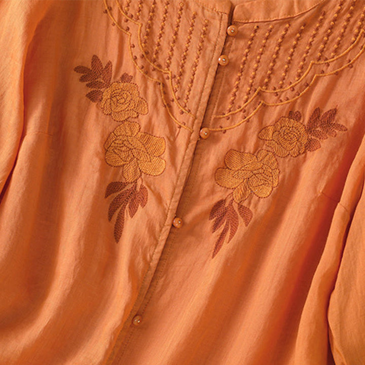 Buddha Stones Rose Floral Embroidery Button Half Sleeve Women's Cotton Shirt - image 33