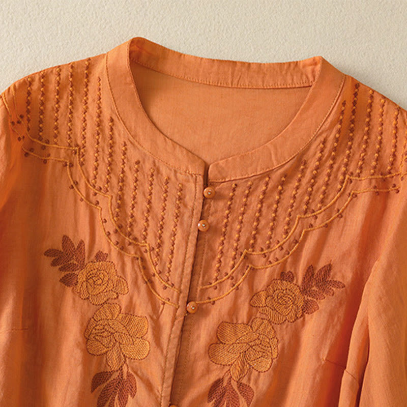 Buddha Stones Rose Floral Embroidery Button Half Sleeve Women's Cotton Shirt - image 27