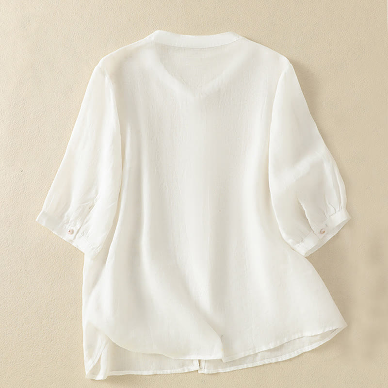 Buddha Stones Rose Floral Embroidery Button Half Sleeve Women's Cotton Shirt - image 35