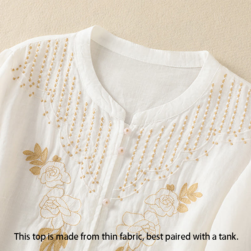 Buddha Stones Rose Floral Embroidery Button Half Sleeve Women's Cotton Shirt - image 36