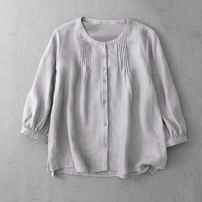 Buddha Stones Plain Button Pleated Design Crew Neck Three Quarter Sleeve Women's Cotton Shirt - Linen - US14，UK/AU18，EU46 (2XL) - image 23