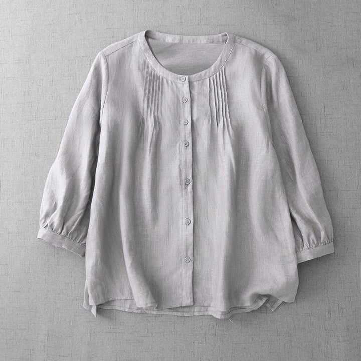 Buddha Stones Plain Button Pleated Design Crew Neck Three Quarter Sleeve Women's Cotton Shirt - Linen - US14，UK/AU18，EU46 (2XL) - image 23