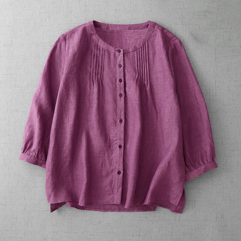 Buddha Stones Plain Button Pleated Design Crew Neck Three Quarter Sleeve Women's Cotton Shirt - MediumVioletRed - US14，UK/AU18，EU46 (2XL) - image 9