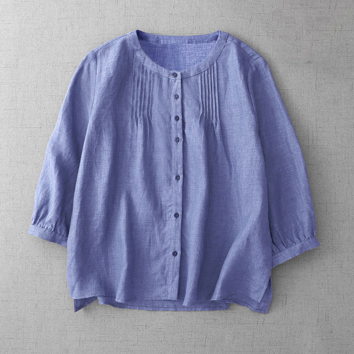 Buddha Stones Plain Button Pleated Design Crew Neck Three Quarter Sleeve Women's Cotton Shirt - image 3