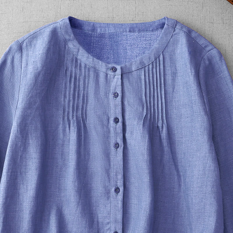Buddha Stones Plain Button Pleated Design Crew Neck Three Quarter Sleeve Women's Cotton Shirt - image 4