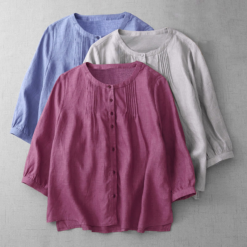 Buddha Stones Plain Button Pleated Design Crew Neck Three Quarter Sleeve Women's Cotton Shirt - image 2