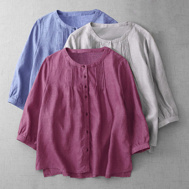 Buddha Stones Plain Button Pleated Design Crew Neck Three Quarter Sleeve Women's Cotton Shirt - image 2