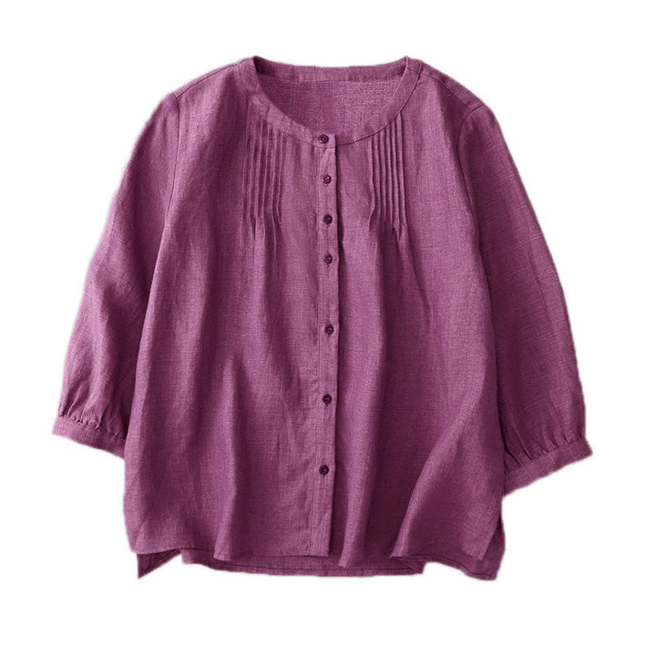 Buddha Stones Plain Button Pleated Design Crew Neck Three Quarter Sleeve Women's Cotton Shirt - image 22