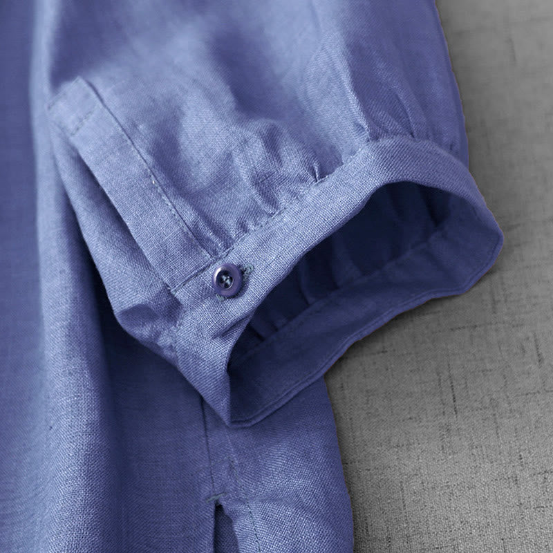 Buddha Stones Plain Button Pleated Design Crew Neck Three Quarter Sleeve Women's Cotton Shirt - image 7