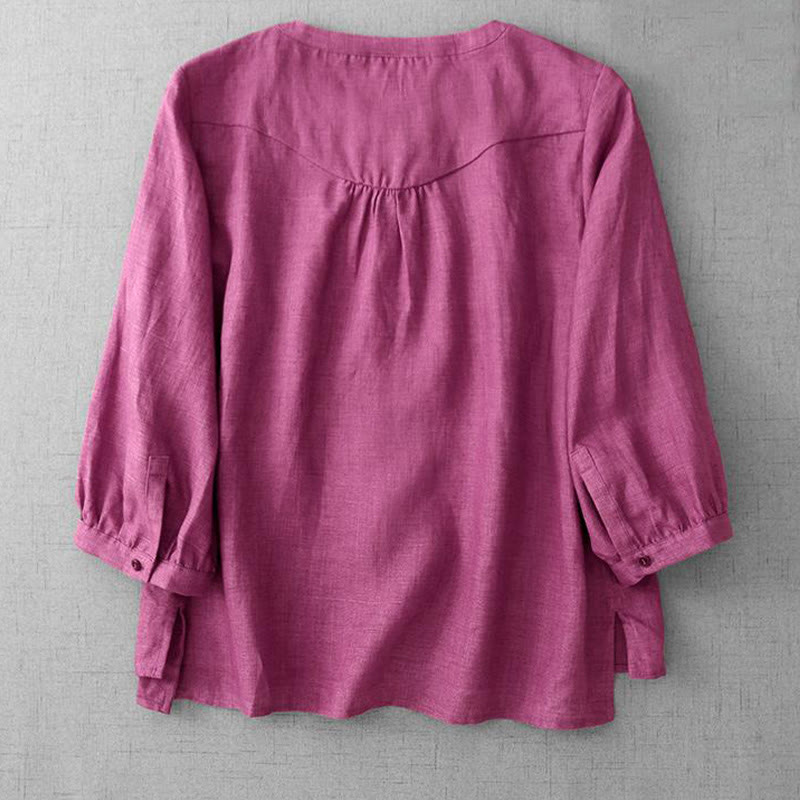 Buddha Stones Plain Button Pleated Design Crew Neck Three Quarter Sleeve Women's Cotton Shirt - image 10