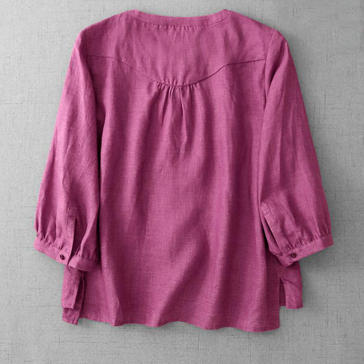 Buddha Stones Plain Button Pleated Design Crew Neck Three Quarter Sleeve Women's Cotton Shirt - image 10