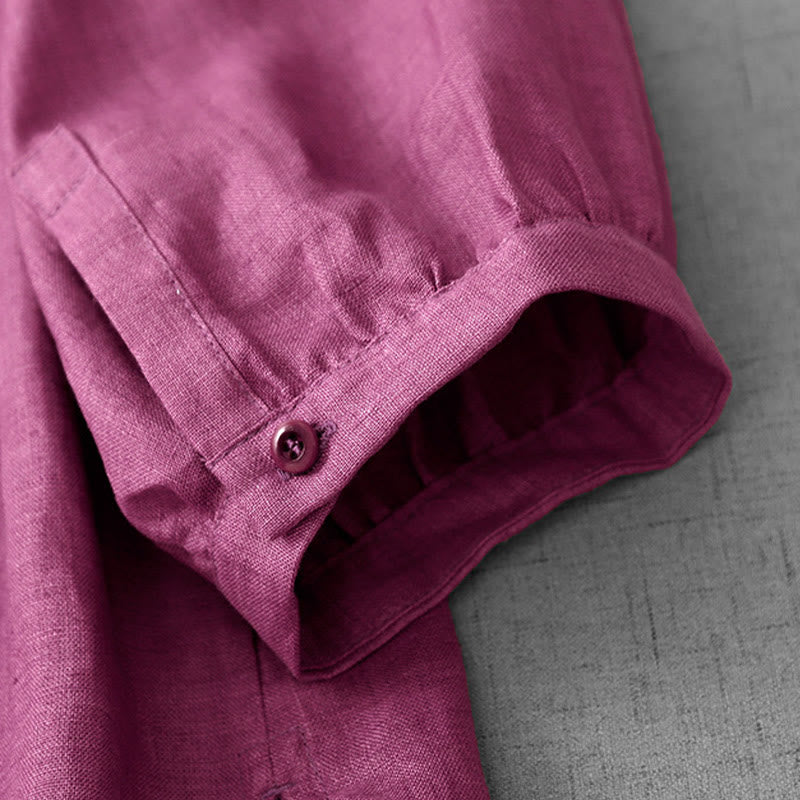 Buddha Stones Plain Button Pleated Design Crew Neck Three Quarter Sleeve Women's Cotton Shirt - image 12
