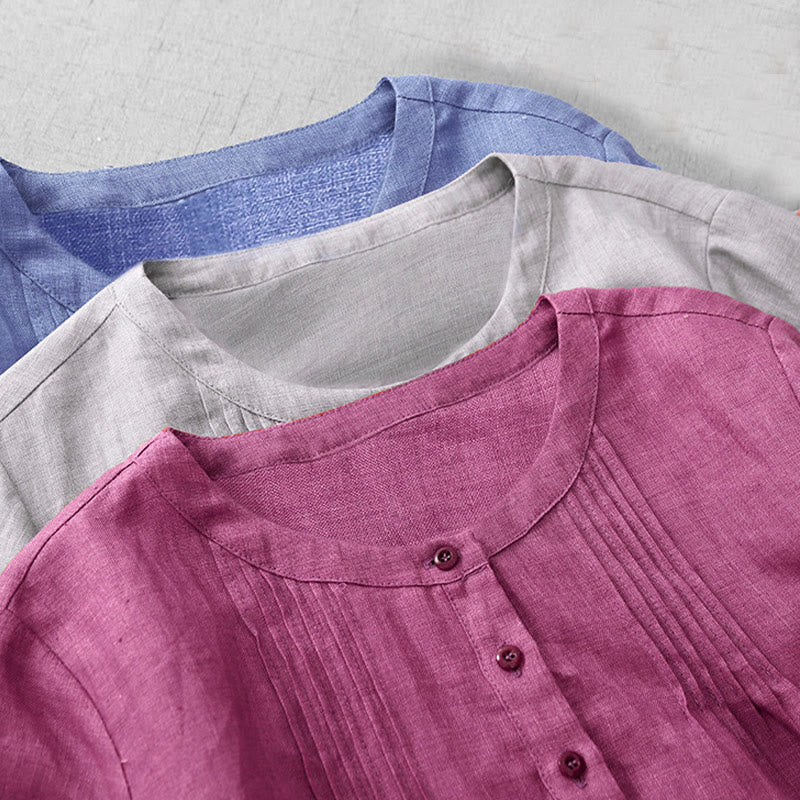 Buddha Stones Plain Button Pleated Design Crew Neck Three Quarter Sleeve Women's Cotton Shirt - image 21