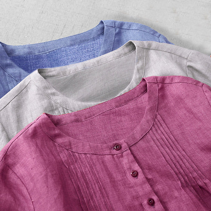 Buddha Stones Plain Button Pleated Design Crew Neck Three Quarter Sleeve Women's Cotton Shirt - image 21