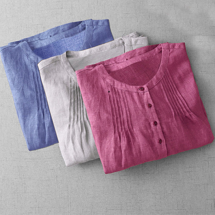 Buddha Stones Plain Button Pleated Design Crew Neck Three Quarter Sleeve Women's Cotton Shirt - image 20