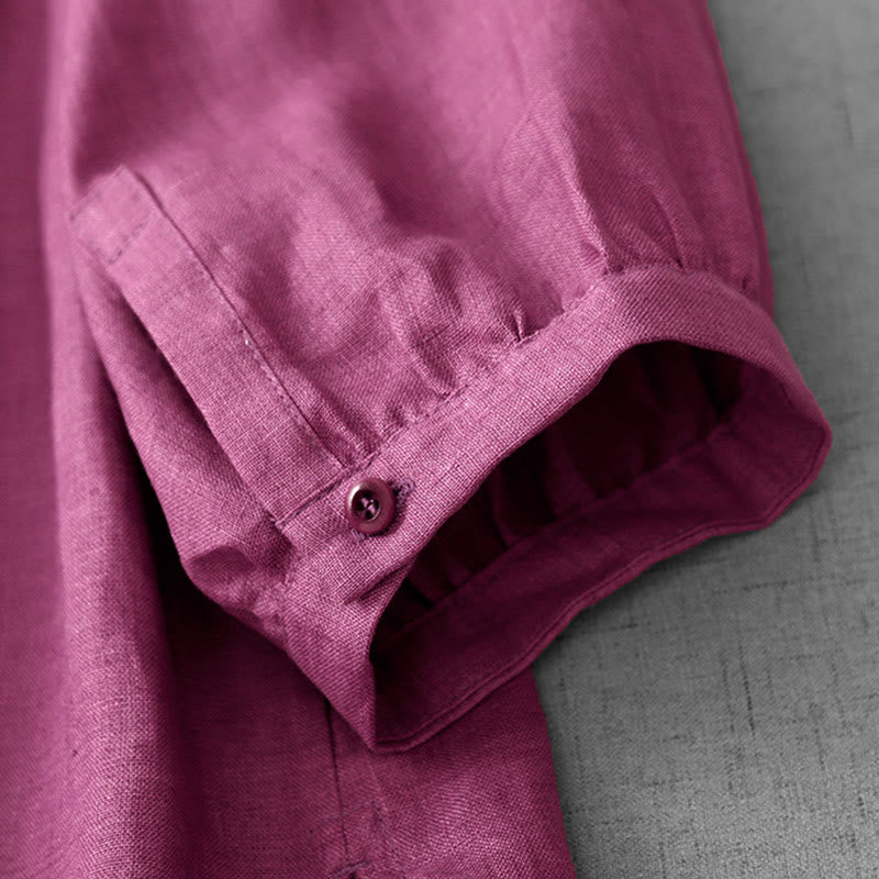 Buddha Stones Plain Button Pleated Design Crew Neck Three Quarter Sleeve Women's Cotton Shirt - image 15