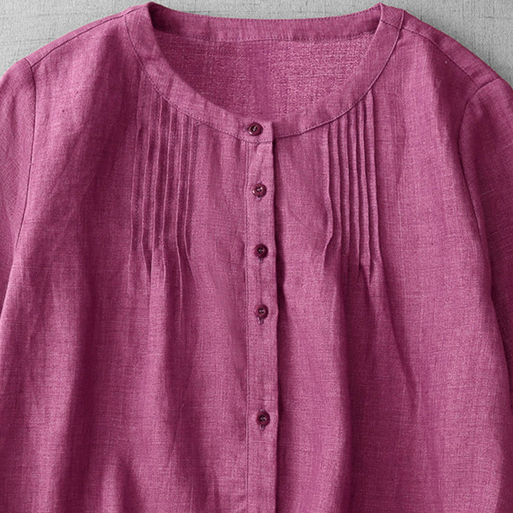 Buddha Stones Plain Button Pleated Design Crew Neck Three Quarter Sleeve Women's Cotton Shirt - image 11