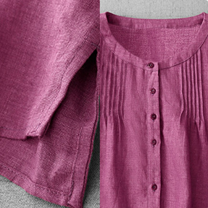 Buddha Stones Plain Button Pleated Design Crew Neck Three Quarter Sleeve Women's Cotton Shirt - image 17