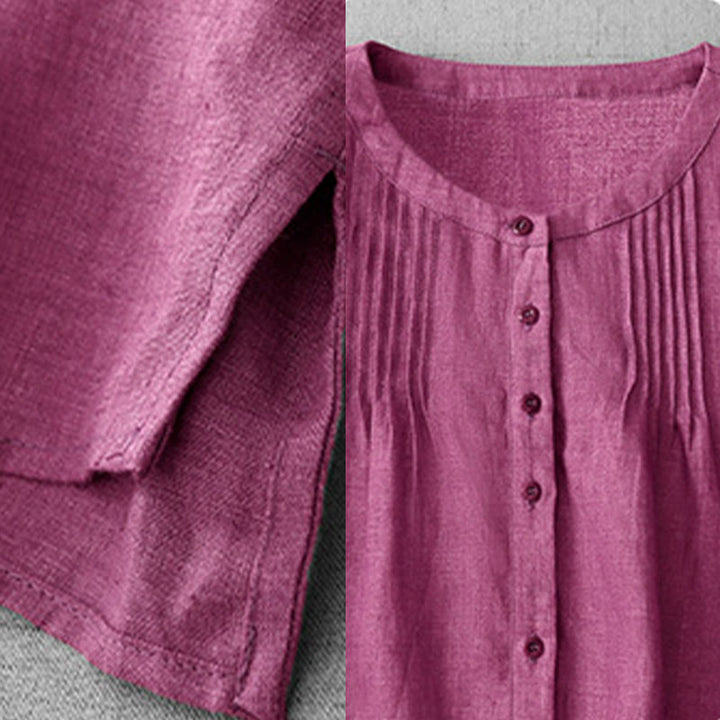 Buddha Stones Plain Button Pleated Design Crew Neck Three Quarter Sleeve Women's Cotton Shirt - image 17
