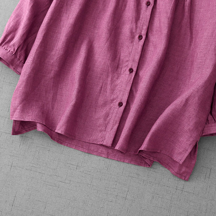 Buddha Stones Plain Button Pleated Design Crew Neck Three Quarter Sleeve Women's Cotton Shirt - image 13
