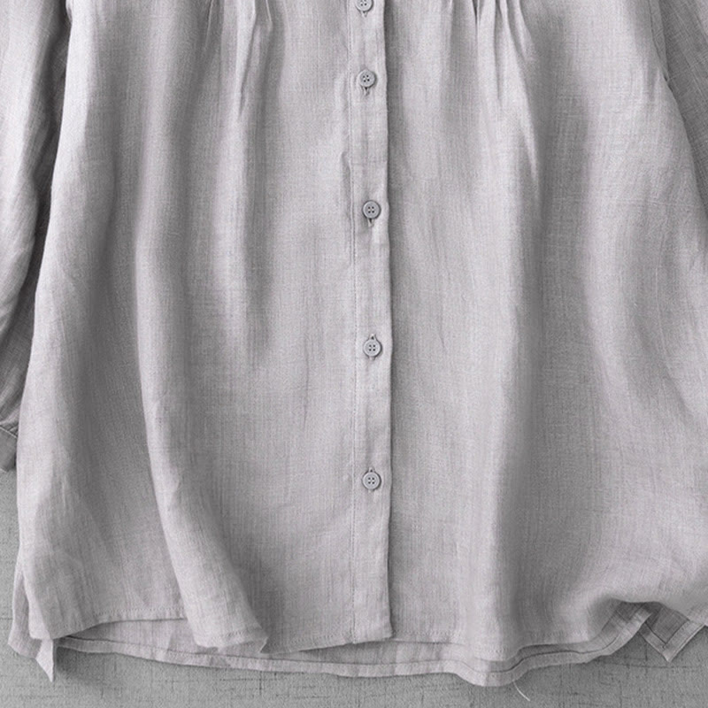 Buddha Stones Plain Button Pleated Design Crew Neck Three Quarter Sleeve Women's Cotton Shirt - image 26