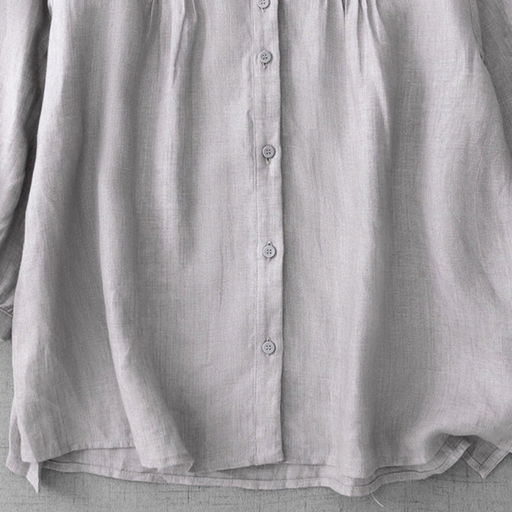 Buddha Stones Plain Button Pleated Design Crew Neck Three Quarter Sleeve Women's Cotton Shirt - image 26