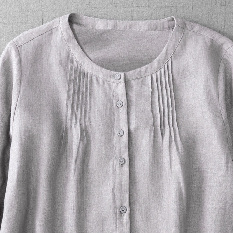 Buddha Stones Plain Button Pleated Design Crew Neck Three Quarter Sleeve Women's Cotton Shirt - image 24