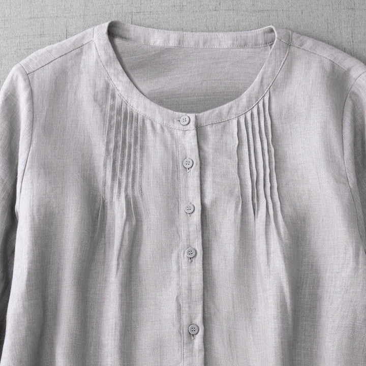 Buddha Stones Plain Button Pleated Design Crew Neck Three Quarter Sleeve Women's Cotton Shirt - image 24