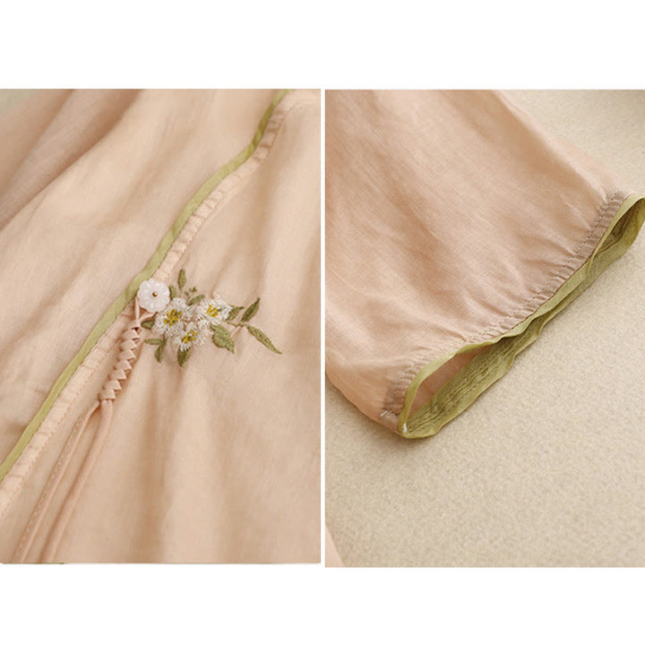 Buddha Stones Beige Floral Green Leaf Embroidery Crew Neck Three Quarter Sleeve Women's Shirt - image 18