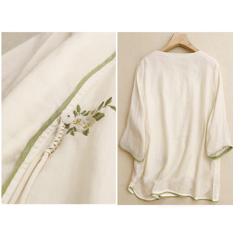 Buddha Stones Beige Floral Green Leaf Embroidery Crew Neck Three Quarter Sleeve Women's Cotton Shirt - image 2