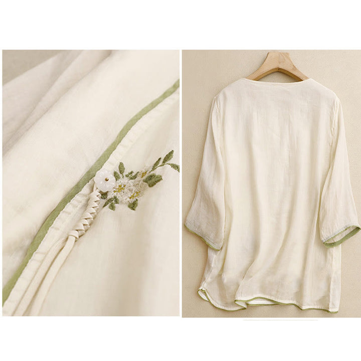 Buddha Stones Beige Floral Green Leaf Embroidery Crew Neck Three Quarter Sleeve Women's Cotton Shirt - image 1