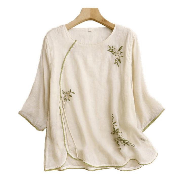 Buddha Stones Beige Floral Green Leaf Embroidery Crew Neck Three Quarter Sleeve Women's Cotton Shirt - image 13