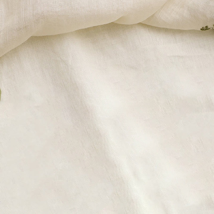 Buddha Stones Beige Floral Green Leaf Embroidery Crew Neck Three Quarter Sleeve Women's Cotton Shirt - image 6