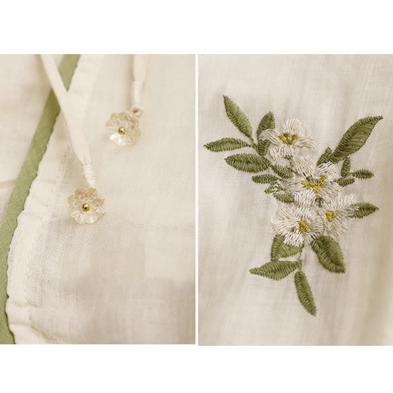 Buddha Stones Beige Floral Green Leaf Embroidery Crew Neck Three Quarter Sleeve Women's Cotton Shirt - image 11