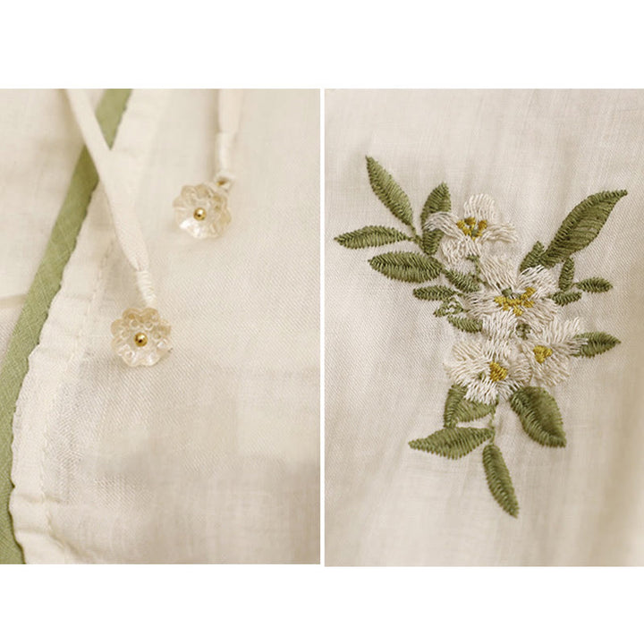 Buddha Stones Beige Floral Green Leaf Embroidery Crew Neck Three Quarter Sleeve Women's Cotton Shirt - image 11