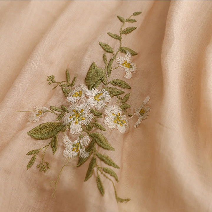 Buddha Stones Beige Floral Green Leaf Embroidery Crew Neck Three Quarter Sleeve Women's Cotton Shirt - image 15