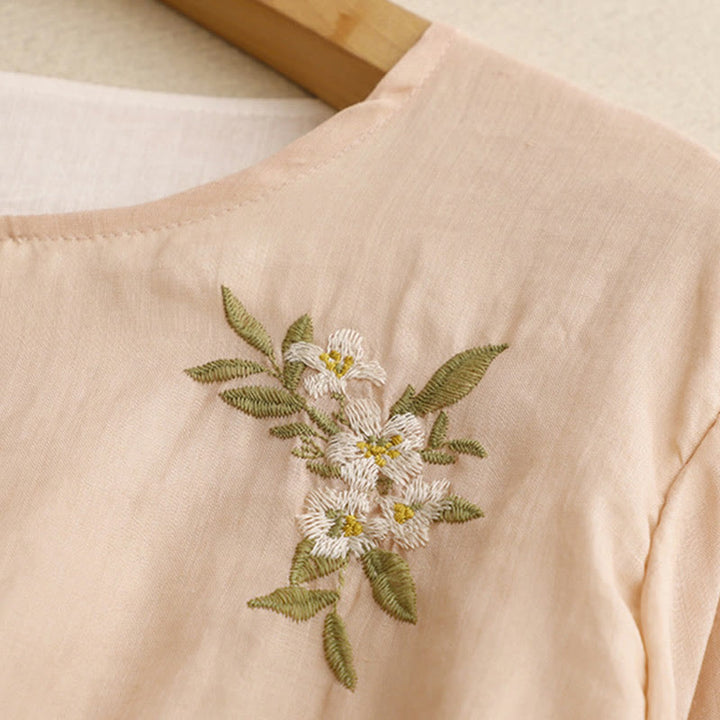 Buddha Stones Beige Floral Green Leaf Embroidery Crew Neck Three Quarter Sleeve Women's Cotton Shirt - image 17