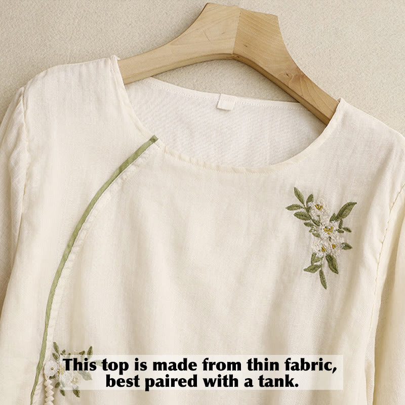 Buddha Stones Beige Floral Green Leaf Embroidery Crew Neck Three Quarter Sleeve Women's Cotton Shirt - image 3