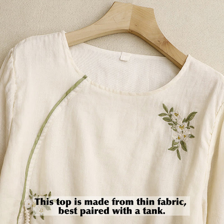 Buddha Stones Beige Floral Green Leaf Embroidery Crew Neck Three Quarter Sleeve Women's Cotton Shirt - image 3