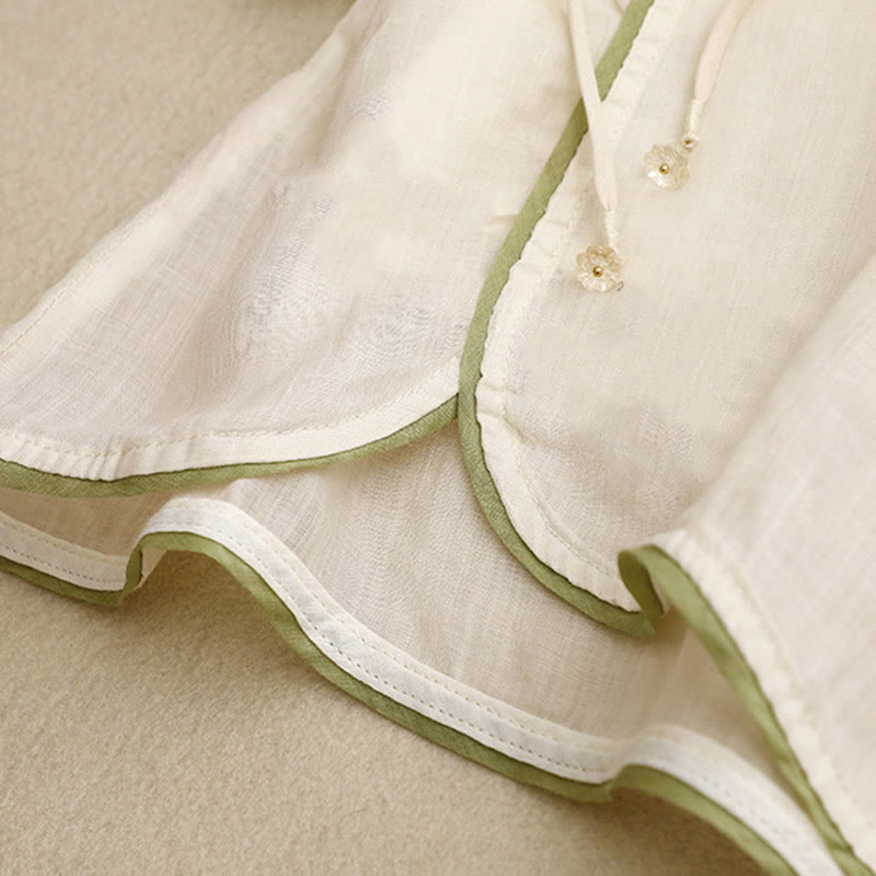 Buddha Stones Beige Floral Green Leaf Embroidery Crew Neck Three Quarter Sleeve Women's Cotton Shirt - image 9