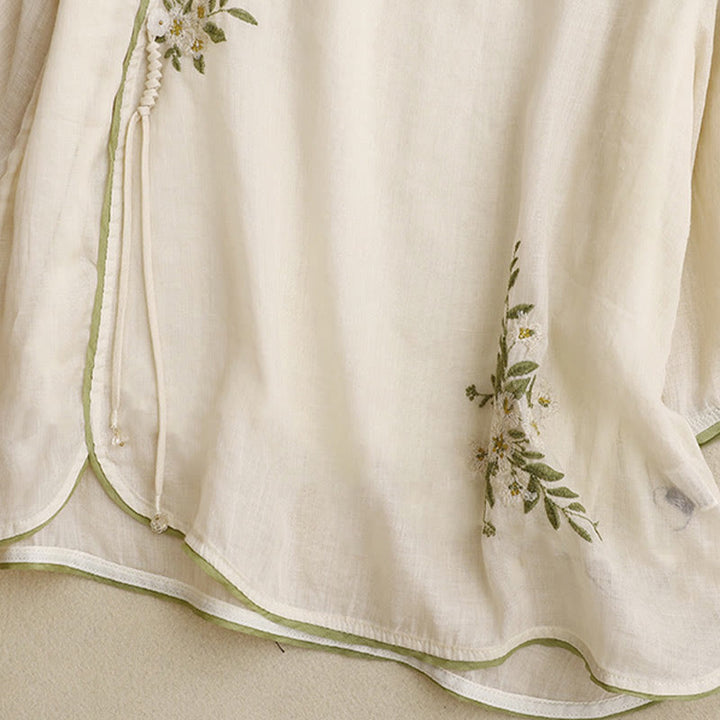 Buddha Stones Beige Floral Green Leaf Embroidery Crew Neck Three Quarter Sleeve Women's Cotton Shirt - image 6