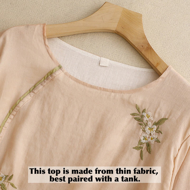 Buddha Stones Beige Floral Green Leaf Embroidery Crew Neck Three Quarter Sleeve Women's Cotton Shirt - image 15