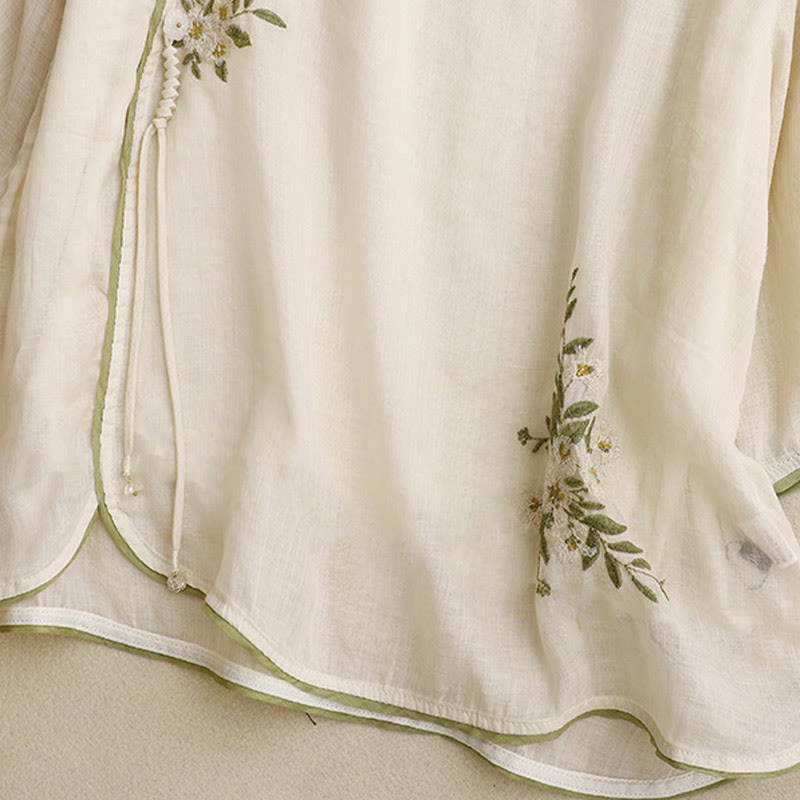 Buddha Stones Beige Floral Green Leaf Embroidery Crew Neck Three Quarter Sleeve Women's Cotton Shirt - image 5