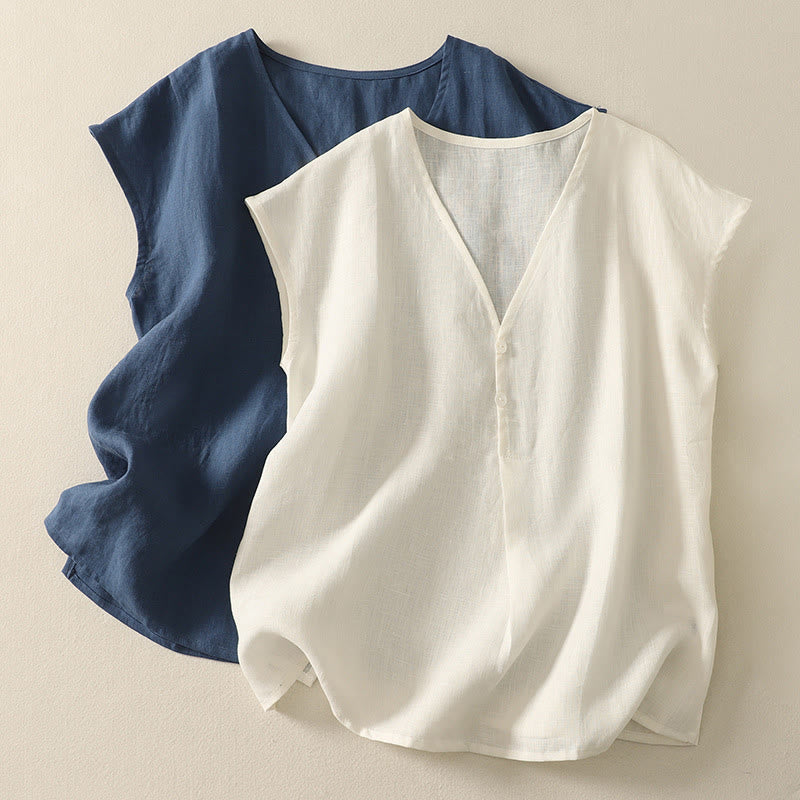 Buddha Stones Retro V-Neck Button Design Women's Cotton Sleeveless Vest - image 2